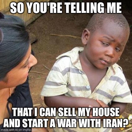 Yes. I am. | SO YOU'RE TELLING ME; THAT I CAN SELL MY HOUSE AND START A WAR WITH IRAN? | image tagged in memes,third world skeptical kid | made w/ Imgflip meme maker