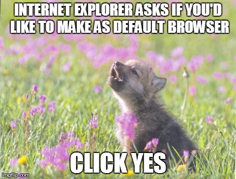 Baby Insanity Wolf | INTERNET EXPLORER ASKS IF YOU'D LIKE TO MAKE AS DEFAULT BROWSER CLICK YES | image tagged in memes,baby insanity wolf | made w/ Imgflip meme maker