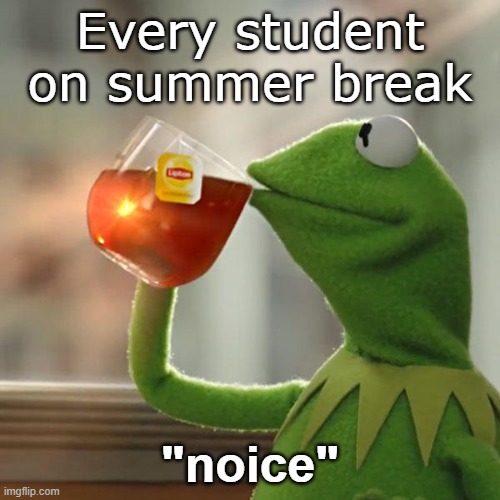 e. | Every student on summer break; "noice" | image tagged in memes,but that's none of my business,kermit the frog,fun,funny,lemonade | made w/ Imgflip meme maker