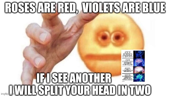 WHAT IS UP WITH THAT ANYWAYS? | ROSES ARE RED,  VIOLETS ARE BLUE; IF I SEE ANOTHER       I WILL SPLIT YOUR HEAD IN TWO | image tagged in smile face with hand,memes,but why tho | made w/ Imgflip meme maker