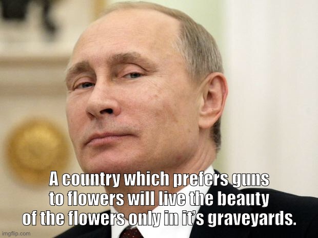 Putin | A country which prefers guns to flowers will live the beauty of the flowers only in it’s graveyards. | image tagged in putin,prefers guns to flowers,beauty of flowers,graveyards,war crimes | made w/ Imgflip meme maker