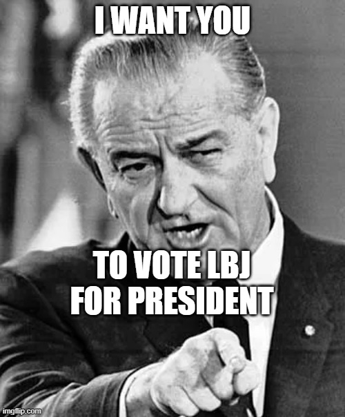 Vote LBJ for President | I WANT YOU; TO VOTE LBJ FOR PRESIDENT | image tagged in lyndon b johnson pointing,president | made w/ Imgflip meme maker