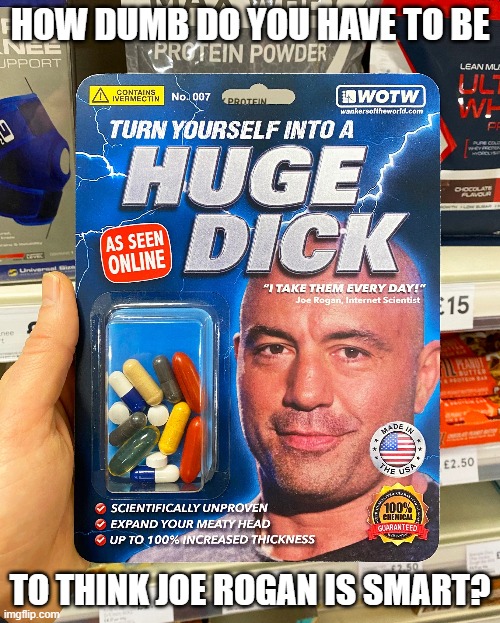 I'm Just Asking Questions | HOW DUMB DO YOU HAVE TO BE; TO THINK JOE ROGAN IS SMART? | image tagged in joe rogan,dickhead,dick,dumb baldo,pills,questions | made w/ Imgflip meme maker