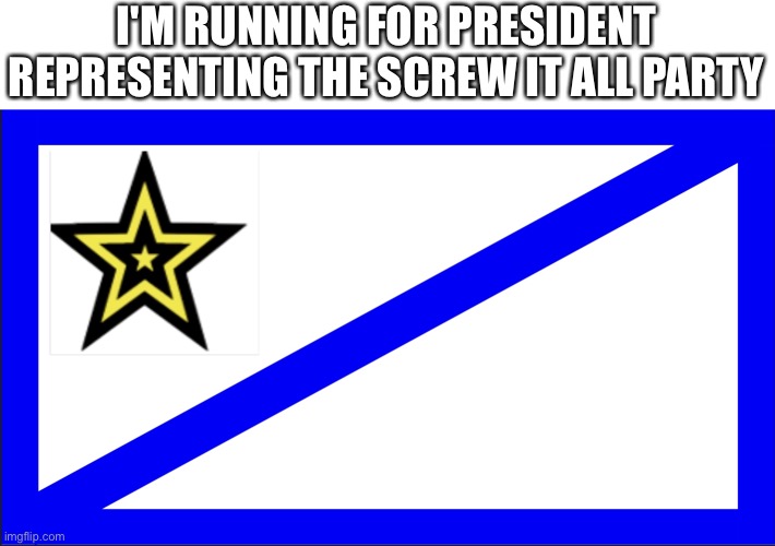 I am pretty shure I won't win but it's worth a shot | I'M RUNNING FOR PRESIDENT REPRESENTING THE SCREW IT ALL PARTY | image tagged in screw it all party flag,screw it all party,shyro | made w/ Imgflip meme maker