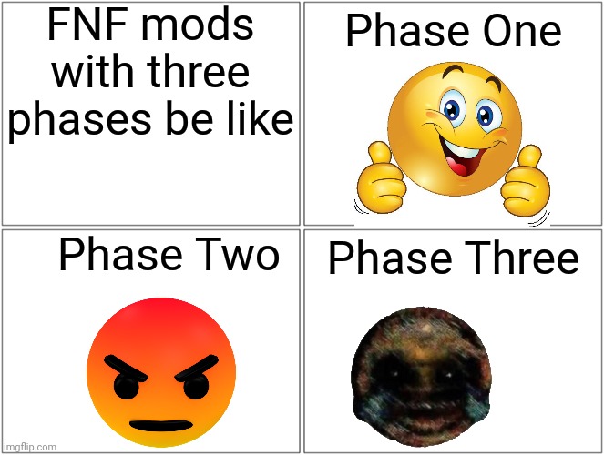 They are all the same | FNF mods with three phases be like; Phase One; Phase Two; Phase Three | image tagged in memes,blank comic panel 2x2 | made w/ Imgflip meme maker