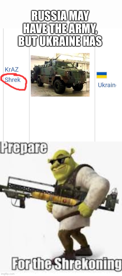 Shriek will save Ukraine | RUSSIA MAY HAVE THE ARMY, BUT UKRAINE HAS | image tagged in shrek | made w/ Imgflip meme maker