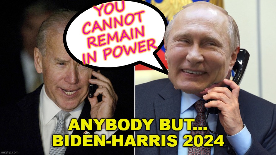 Anybody but... Biden-Harris 2024 | YOU
CANNOT
REMAIN
IN POWER; ANYBODY BUT...
BIDEN-HARRIS 2024 | image tagged in biden-putin | made w/ Imgflip meme maker