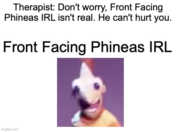 help | Therapist: Don't worry, Front Facing Phineas IRL isn't real. He can't hurt you. Front Facing Phineas IRL | image tagged in blank white template,phineas and ferb | made w/ Imgflip meme maker