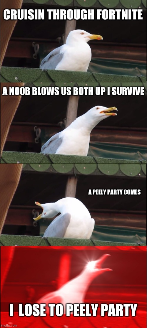 Inhaling Seagull Meme | CRUISIN THROUGH FORTNITE; A NOOB BLOWS US BOTH UP I SURVIVE; A PEELY PARTY COMES; I  LOSE TO PEELY PARTY | image tagged in memes,inhaling seagull | made w/ Imgflip meme maker