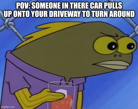 Spongebob Long Neck Fish | POV: SOMEONE IN THERE CAR PULLS UP ONTO YOUR DRIVEWAY TO TURN AROUND | image tagged in spongebob long neck fish | made w/ Imgflip meme maker