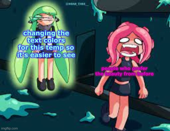 agent 3 chasing agent 8 | changing the text colors for this temp so it's easier to see; people who prefer the beauty from before | image tagged in agent 3 chasing agent 8 | made w/ Imgflip meme maker