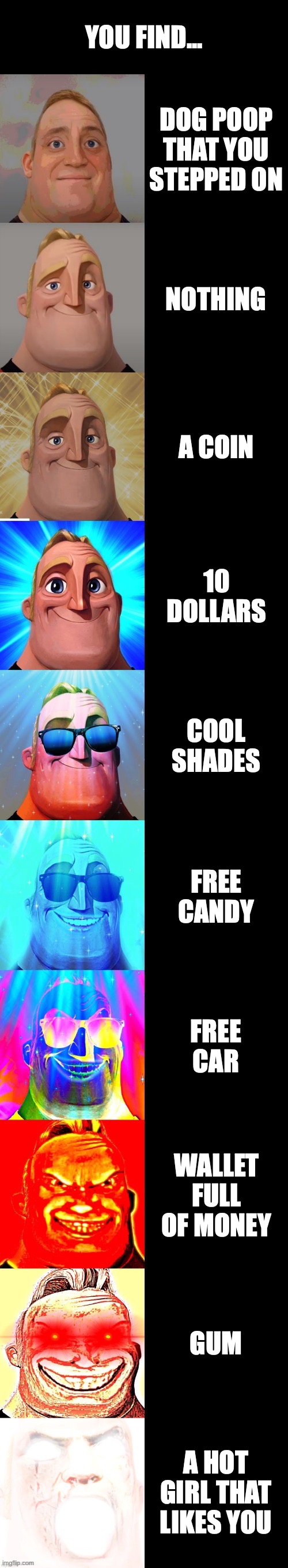 You find... | YOU FIND... DOG POOP THAT YOU STEPPED ON; NOTHING; A COIN; 10 DOLLARS; COOL SHADES; FREE CANDY; FREE CAR; WALLET FULL OF MONEY; GUM; A HOT GIRL THAT LIKES YOU | image tagged in mr incredible becoming canny | made w/ Imgflip meme maker