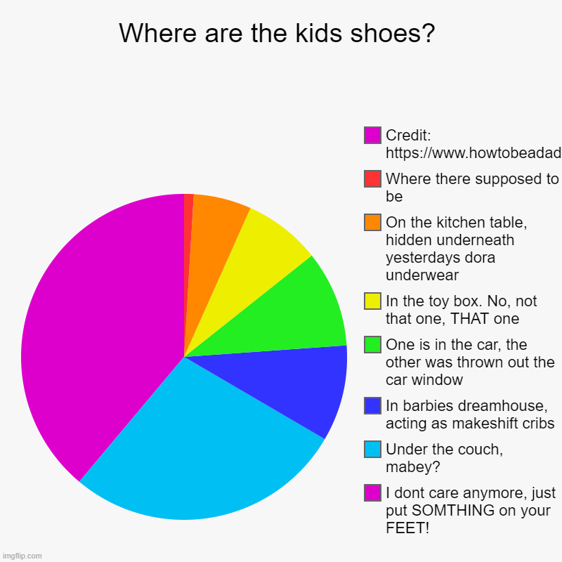 LOL | Where are the kids shoes? | I dont care anymore, just put SOMTHING on your FEET!, Under the couch, mabey?, In barbies dreamhouse, acting as  | image tagged in charts,pie charts | made w/ Imgflip chart maker