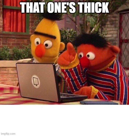 the hub | THAT ONE'S THICK | image tagged in bert and ernie computer | made w/ Imgflip meme maker