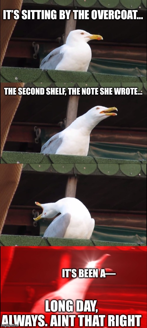 If you like Matchbox Twenty, you get it | IT’S SITTING BY THE OVERCOAT…; THE SECOND SHELF, THE NOTE SHE WROTE…; IT’S BEEN A—; LONG DAY, ALWAYS. AINT THAT RIGHT | image tagged in memes,inhaling seagull | made w/ Imgflip meme maker