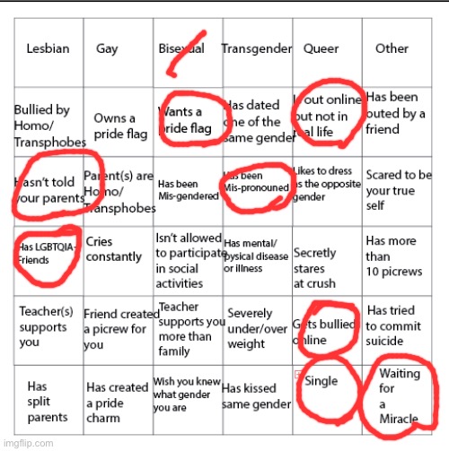 The miracle one is a joke, obviously | image tagged in lgbtqia bingo,bisexual | made w/ Imgflip meme maker