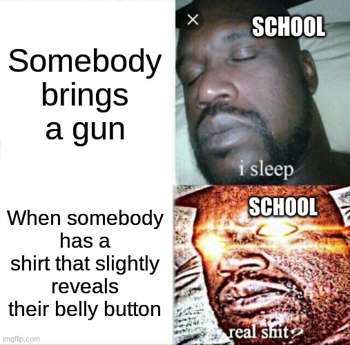 School is stupid |  Somebody brings a gun; SCHOOL; When somebody has a shirt that slightly reveals their belly button; SCHOOL | image tagged in memes,sleeping shaq,school,school sucks | made w/ Imgflip meme maker