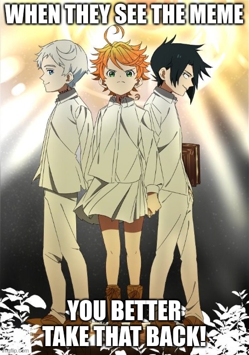 The promised neverland trio | WHEN THEY SEE THE MEME YOU BETTER TAKE THAT BACK! | image tagged in the promised neverland trio | made w/ Imgflip meme maker