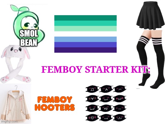 FEMBOY STARTER PACK! | SMOL BEAN; FEMBOY STARTER KIT: | image tagged in blank white template,femboy | made w/ Imgflip meme maker