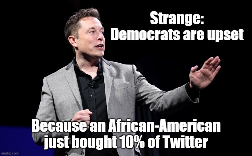 twitter | Strange:
Democrats are upset; Because an African-American just bought 10% of Twitter | image tagged in elon musk presentation | made w/ Imgflip meme maker