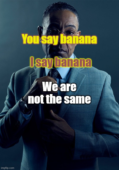 Pronunciation | You say banana; I say banana; We are not the same | image tagged in gus fring we are not the same,banana | made w/ Imgflip meme maker