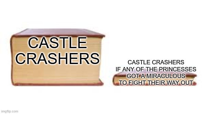 Big book small book | CASTLE CRASHERS; CASTLE CRASHERS IF ANY OF THE PRINCESSES GOT A MIRACULOUS TO FIGHT THEIR WAY OUT | image tagged in big book small book | made w/ Imgflip meme maker