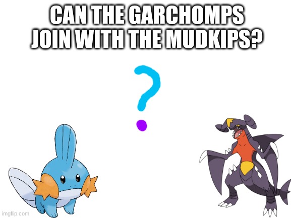 Can they though?? | CAN THE GARCHOMPS JOIN WITH THE MUDKIPS? | image tagged in blank white template | made w/ Imgflip meme maker