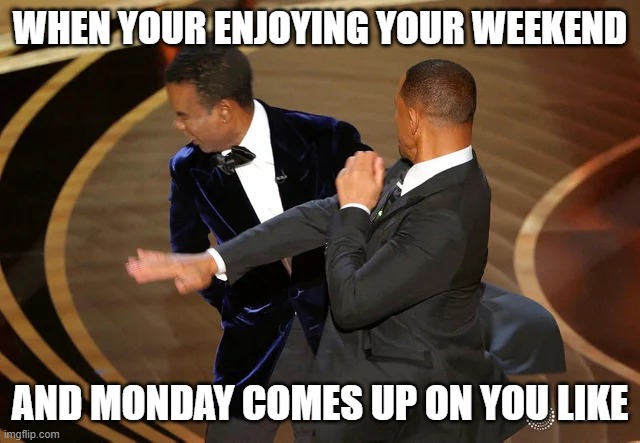 weekends be like | WHEN YOUR ENJOYING YOUR WEEKEND; AND MONDAY COMES UP ON YOU LIKE | image tagged in will smith punching chris rock | made w/ Imgflip meme maker