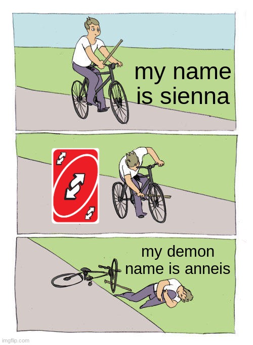 Bike Fall Meme | my name is sienna my demon name is anneis | image tagged in memes,bike fall | made w/ Imgflip meme maker