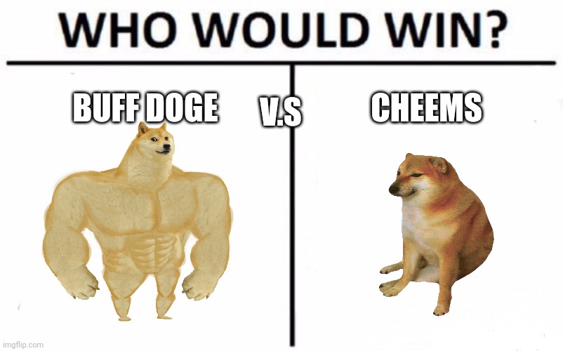 Buff Doge V.S Cheems | BUFF DOGE; CHEEMS; V.S | image tagged in memes,who would win,buff doge vs cheems | made w/ Imgflip meme maker