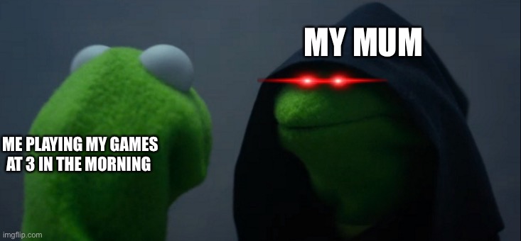 Evil Kermit | MY MUM; ME PLAYING MY GAMES AT 3 IN THE MORNING | image tagged in memes,evil kermit | made w/ Imgflip meme maker