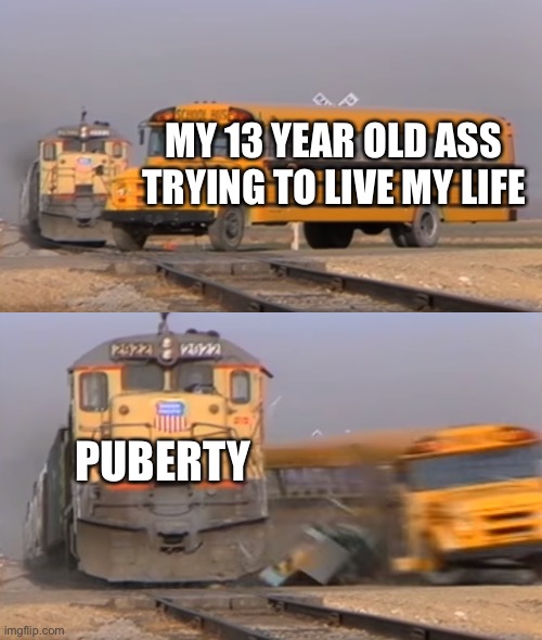 A train hitting a school bus | MY 13 YEAR OLD ASS TRYING TO LIVE MY LIFE; PUBERTY | image tagged in a train hitting a school bus | made w/ Imgflip meme maker