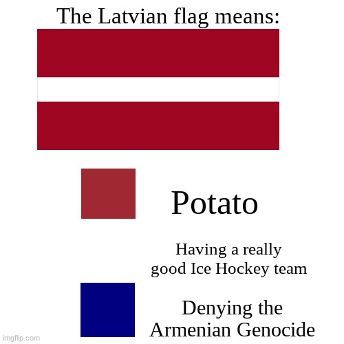 Fun Fact: Latvia is one of the countries that recognize the Armenian Genocide that happened in 1915-1917 |  The Latvian flag means:; Potato; Having a really good Ice Hockey team; Denying the Armenian Genocide | image tagged in memes,blank transparent square,latvia,flag,parody | made w/ Imgflip meme maker