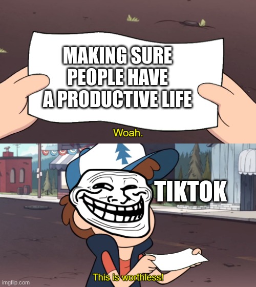 This is Worthless | MAKING SURE PEOPLE HAVE A PRODUCTIVE LIFE; TIKTOK | image tagged in this is worthless | made w/ Imgflip meme maker