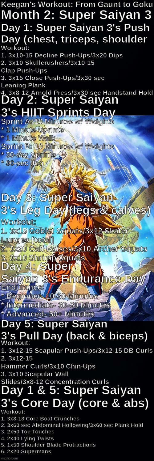 Super Saiyan 3 Goku Workout: NO EXCUSES!!! | Keegan's Workout: From Gaunt to Goku; Month 2: Super Saiyan 3; Day 1: Super Saiyan 3's Push Day (chest, triceps, shoulder; Workout:
1. 3x10-15 Decline Push-Ups/3x20 Dips
2. 3x10 Skullcrushers/3x10-15 Clap Push-Ups
3. 3x15 Close Push-Ups/3x30 sec Leaning Plank
4. 3x8-12 Arnold Press/3x30 sec Handstand Hold; Day 2: Super Saiyan 3's HIIT Sprints Day; Sprint A: 10 Minutes w/ Weights
* 1 Minute Sprints
* 1 Minute Walk
Sprint B: 10 Minutes w/ Weights
* 30-sec Sprints
* 90-sec Jog; Workout:
1. 3x15 Goblet Squats/3x12 Skater Lunges [total]
2. 3x20 Calf Raises/3x10 Archer Squats
3. 3x10 Shrimp Squats; Day 3: Super Saiyan 3's Leg Day (legs & calves); Day 4: Super Saiyan 3's Endurance Day; Endurance:
* Beginner- 10-30 Minutes
* Intermediate- 30-50 Minutes
* Advanced- 50+ Minutes; Day 5: Super Saiyan 3's Pull Day (back & biceps); Workout:
1. 3x12-15 Scapular Push-Ups/3x12-15 DB Curls
2. 3x12-15 Hammer Curls/3x10 Chin-Ups
3. 3x10 Scapular Wall Slides/3x8-12 Concentration Curls; Day 1 & 5: Super Saiyan 3's Core Day (core & abs); Workout:
1. 3x8-18 Core Boat Crunches
2. 3x60 sec Abdominal Hollowing/3x60 sec Plank Hold
3. 2x50 Toe Touches
4. 2x40 Lying Twists
5. 1x50 Shoulder Blade Protractions
6. 2x20 Supermans | image tagged in ripped,shredded,goku,workout,super saiyan 3,no excuses | made w/ Imgflip meme maker
