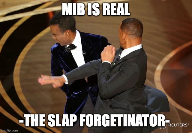 Will Smith punching Chris Rock | MIB IS REAL -THE SLAP FORGETINATOR- | image tagged in will smith punching chris rock | made w/ Imgflip meme maker