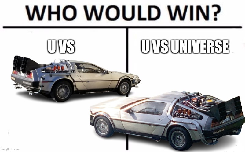 u vs u vs universe | U VS; U VS UNIVERSE | image tagged in rick and morty,earth to erkle,back to the future,dolorean,delorean,time travel | made w/ Imgflip meme maker