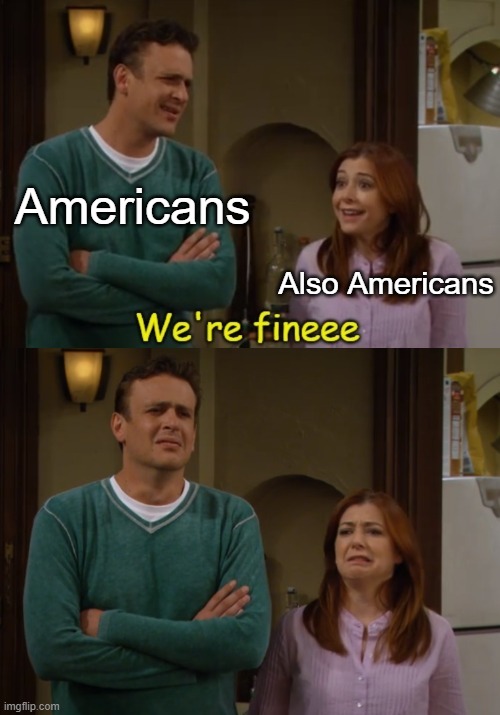 Americans | Americans; Also Americans | image tagged in we're fineee | made w/ Imgflip meme maker