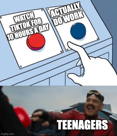 teenagers be like | ACTUALLY DO WORK; WATCH TIKTOK FOR 10 HOURS A DAY; TEENAGERS | image tagged in robotnik button | made w/ Imgflip meme maker