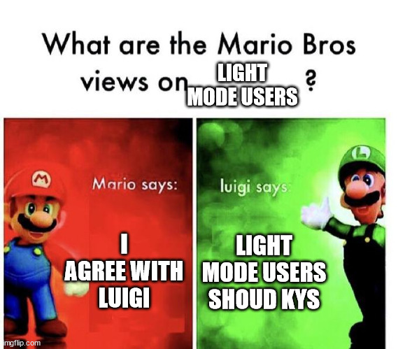 Actually, I like light mode | LIGHT MODE USERS; I AGREE WITH LUIGI; LIGHT MODE USERS SHOUD KYS | image tagged in mario bros views | made w/ Imgflip meme maker