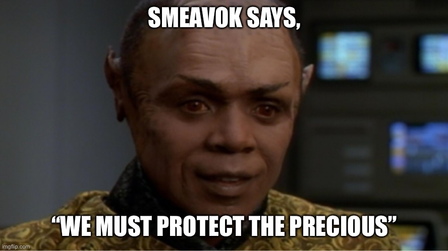 Smeavok | SMEAVOK SAYS, “WE MUST PROTECT THE PRECIOUS” | image tagged in gollum,tuvok,star trek voyager,the precious,lotr,smeagol | made w/ Imgflip meme maker