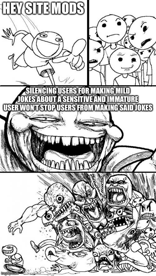 Hey Internet | HEY SITE MODS; SILENCING USERS FOR MAKING MILD JOKES ABOUT A SENSITIVE AND IMMATURE USER WON’T STOP USERS FROM MAKING SAID JOKES | image tagged in memes,hey internet | made w/ Imgflip meme maker