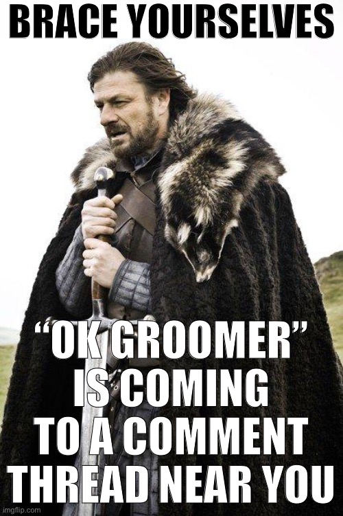 RWNJ trolls have distilled their habit of leveling baseless pedophilia accusations into this efficient shorthand: | BRACE YOURSELVES; “OK GROOMER” IS COMING TO A COMMENT THREAD NEAR YOU | image tagged in brace yourself,rwnj,trolls,ok groomer,ok,groomer | made w/ Imgflip meme maker