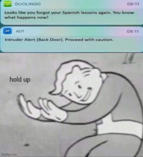 AHHHHHHH | image tagged in fallout hold up,duolingo,memes,funny,unfunny,supimtheguywhoasked made this lol | made w/ Imgflip meme maker