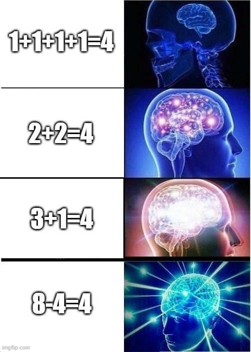 Expanding Brain | 1+1+1+1=4; 2+2=4; 3+1=4; 8-4=4 | image tagged in memes,expanding brain | made w/ Imgflip meme maker
