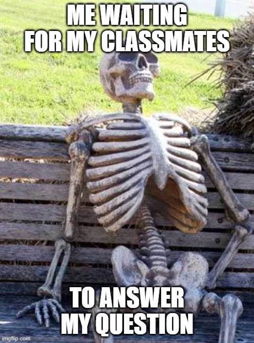 Waiting Skeleton Meme | ME WAITING FOR MY CLASSMATES; TO ANSWER MY QUESTION | image tagged in memes,waiting skeleton | made w/ Imgflip meme maker