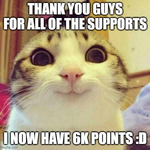 thanks guys | THANK YOU GUYS FOR ALL OF THE SUPPORTS; I NOW HAVE 6K POINTS :D | image tagged in memes,smiling cat | made w/ Imgflip meme maker