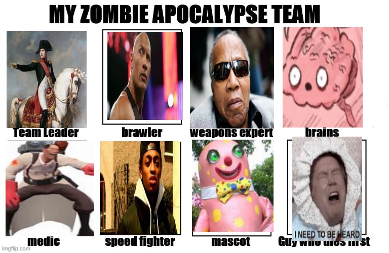my zombie team | image tagged in my zombie apocalypse team,funny memke,meme,funny memes | made w/ Imgflip meme maker