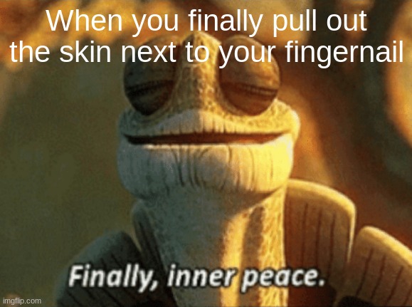 This is even better when its painless | When you finally pull out the skin next to your fingernail | image tagged in finally inner peace,funny | made w/ Imgflip meme maker