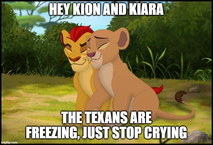 What happened in Texas wasn't funny, I'm trying to say that Kion is a snowflake | HEY KION AND KIARA; THE TEXANS ARE FREEZING, JUST STOP CRYING | image tagged in kiara and kion,memes,president_joe_biden,not funny | made w/ Imgflip meme maker